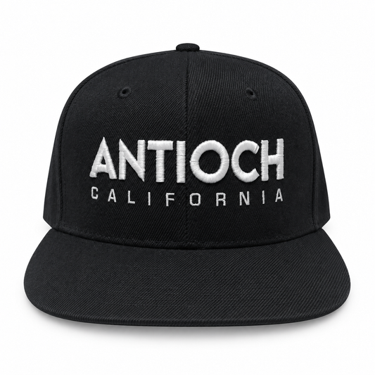 Antioch California black snapback hat front view