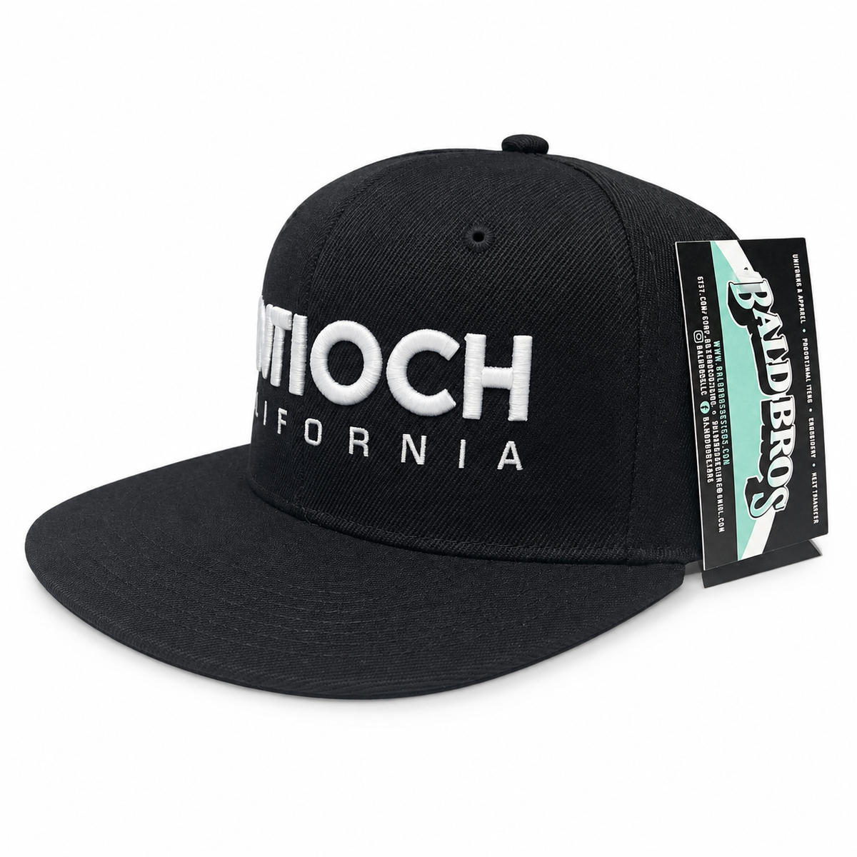 Antioch California black snapback hat angled view with tag