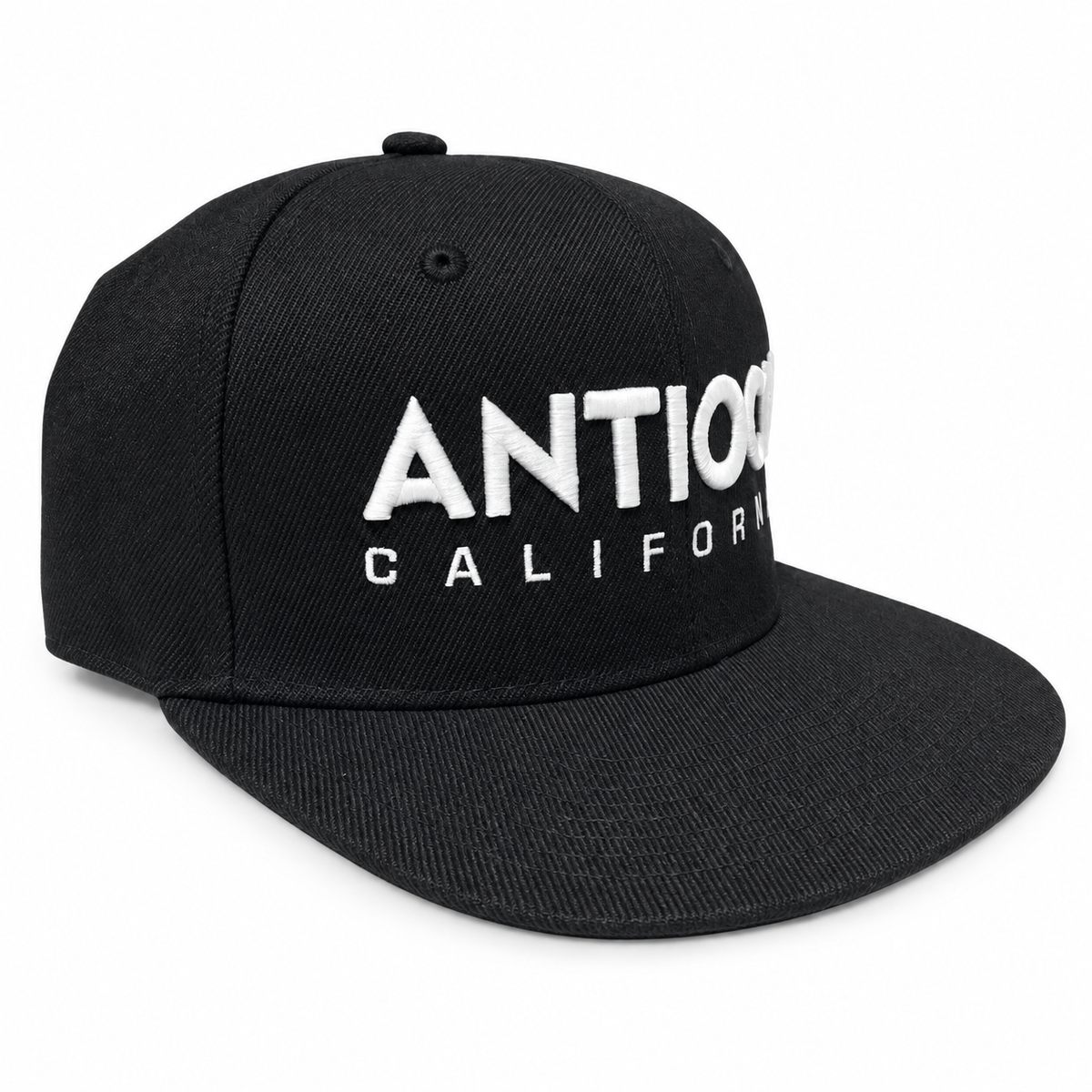 Antioch California black snapback hat angled view