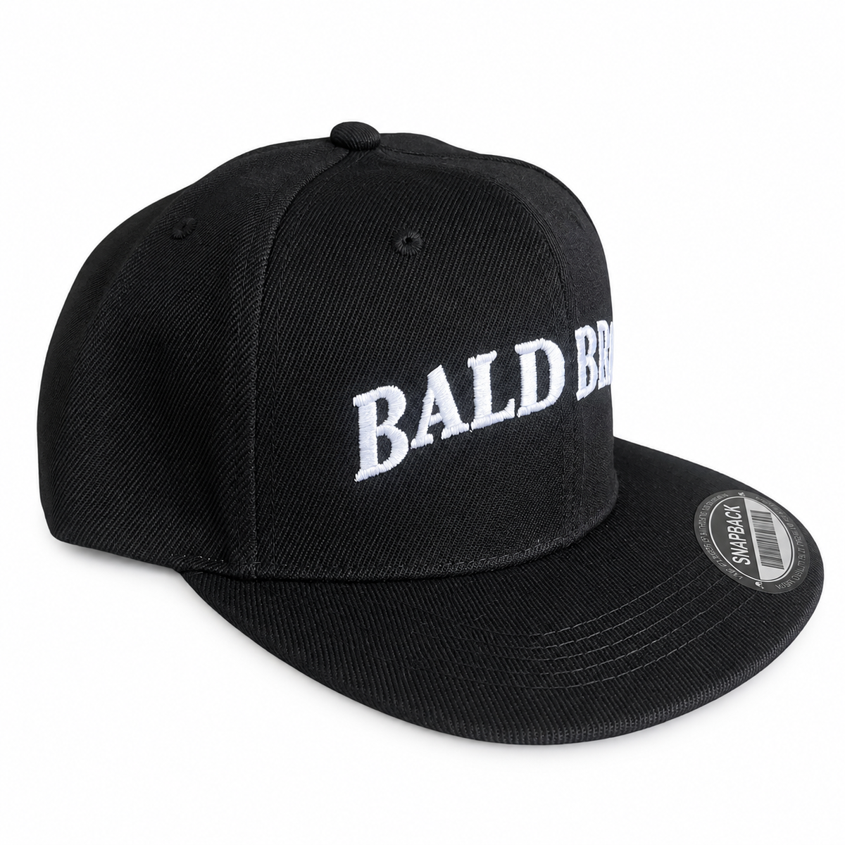 Bald Bros black snapback hat angle 1