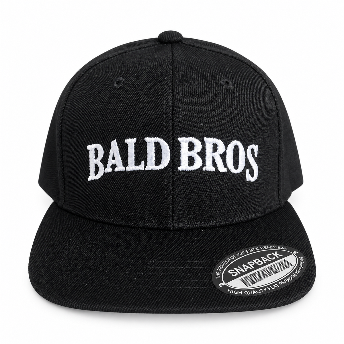 Bald Bros black snapback hat front view
