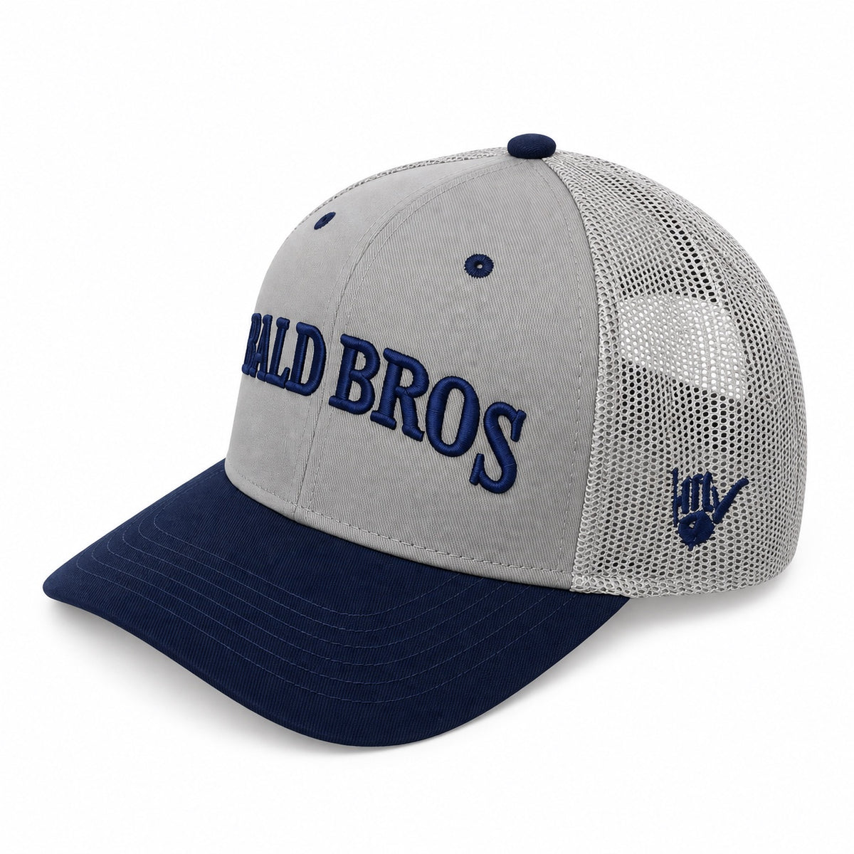 Bald Bros gray and navy mesh trucker hat angled view