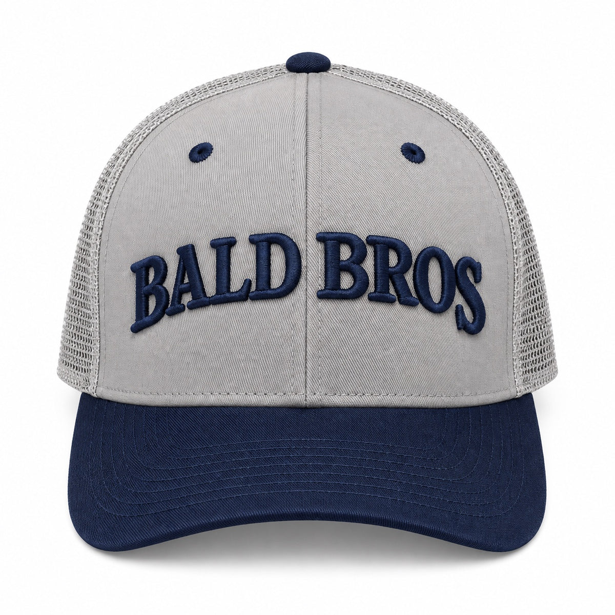 Bald Bros gray and navy mesh trucker hat front view