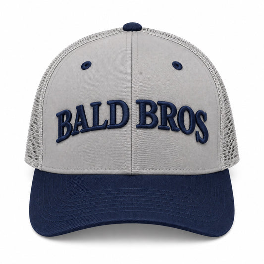 Bald Bros gray and navy mesh trucker hat front view