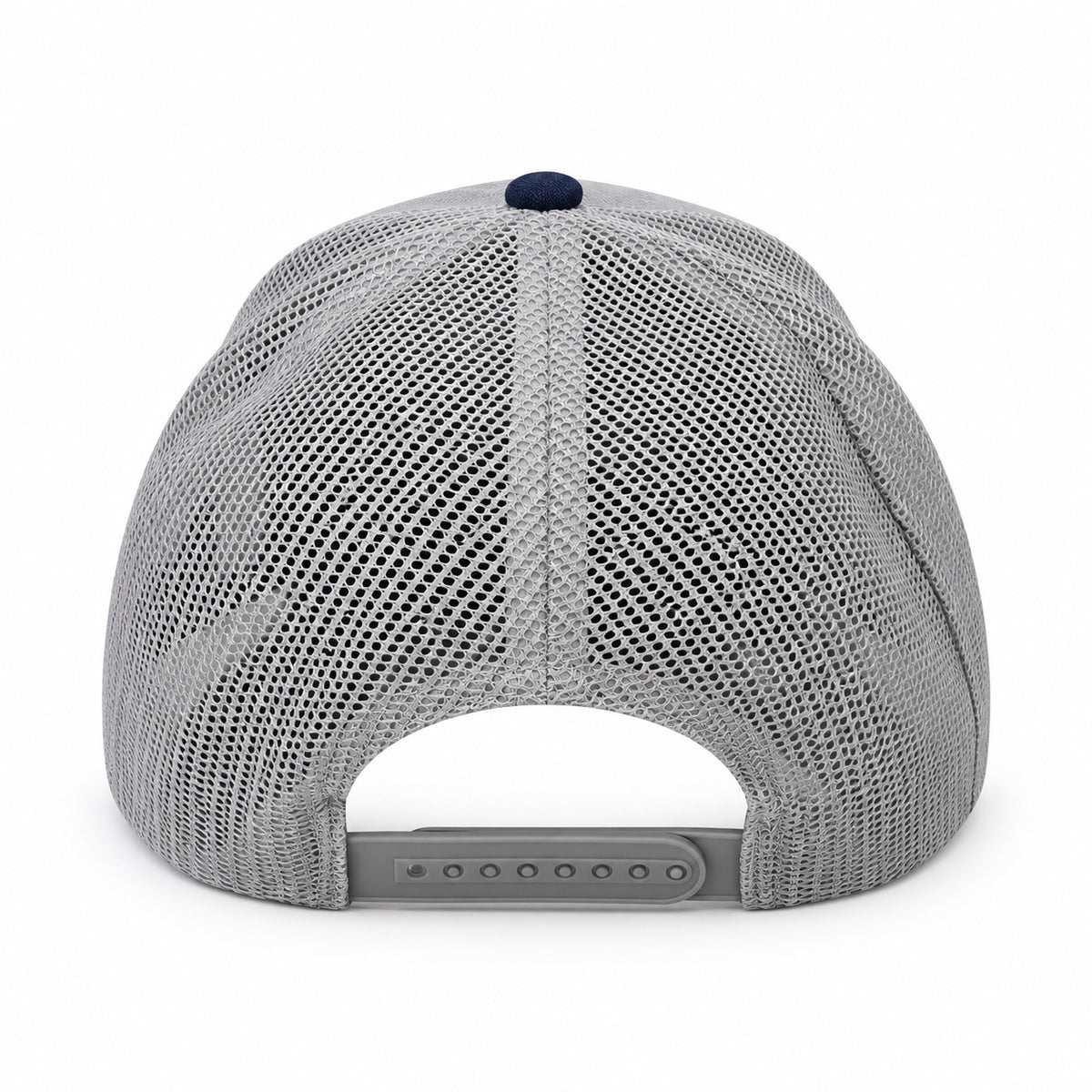 Bald Bros gray and navy mesh trucker hat rear view