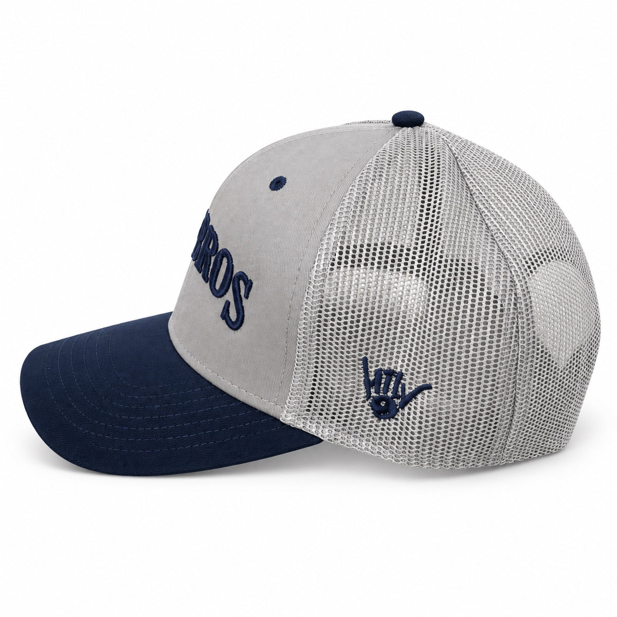 Bald Bros gray and navy mesh trucker hat side view