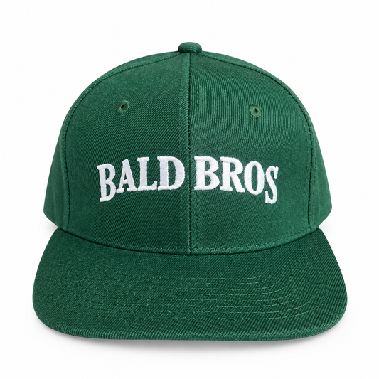 Bald Bros green and white snapback hat front view