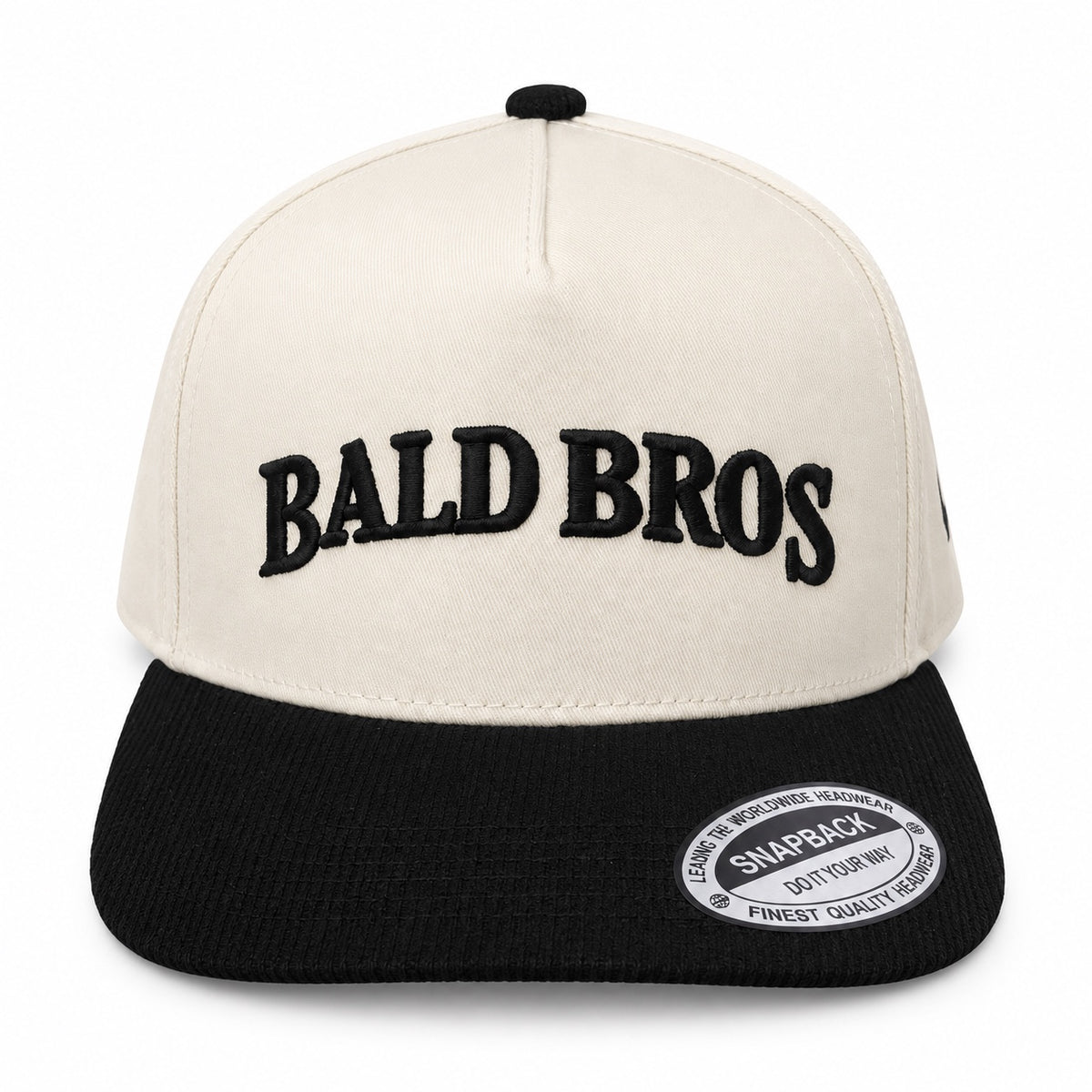 Bald Bros cream and black snapback hat front view