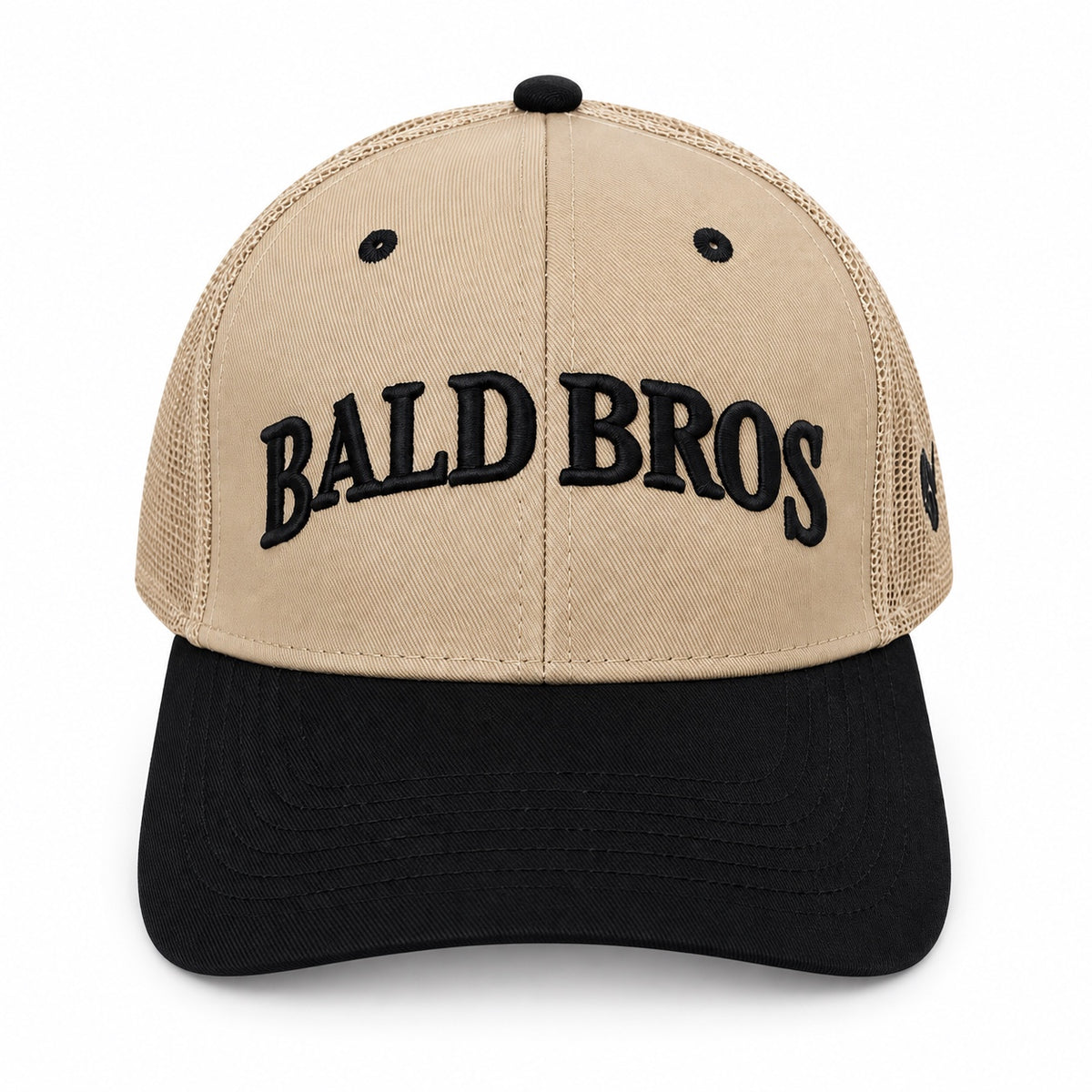 Bald Bros tan and black mesh trucker hat front view