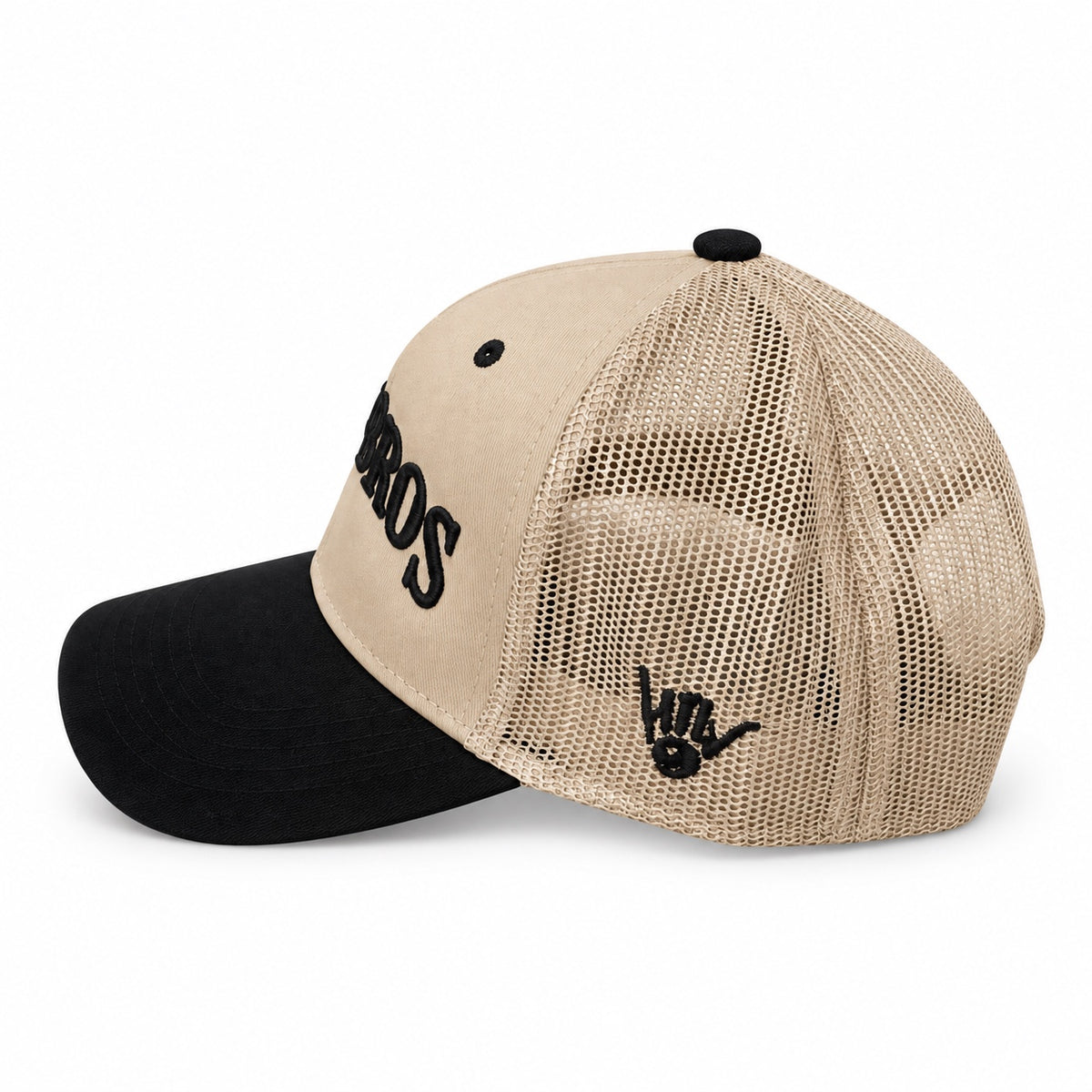 Bald Bros tan and black mesh trucker hat side view