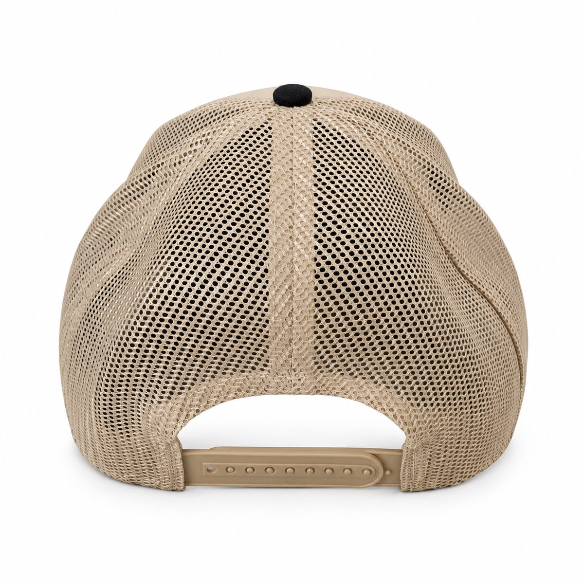 Bald Bros tan and black mesh trucker hat rear view